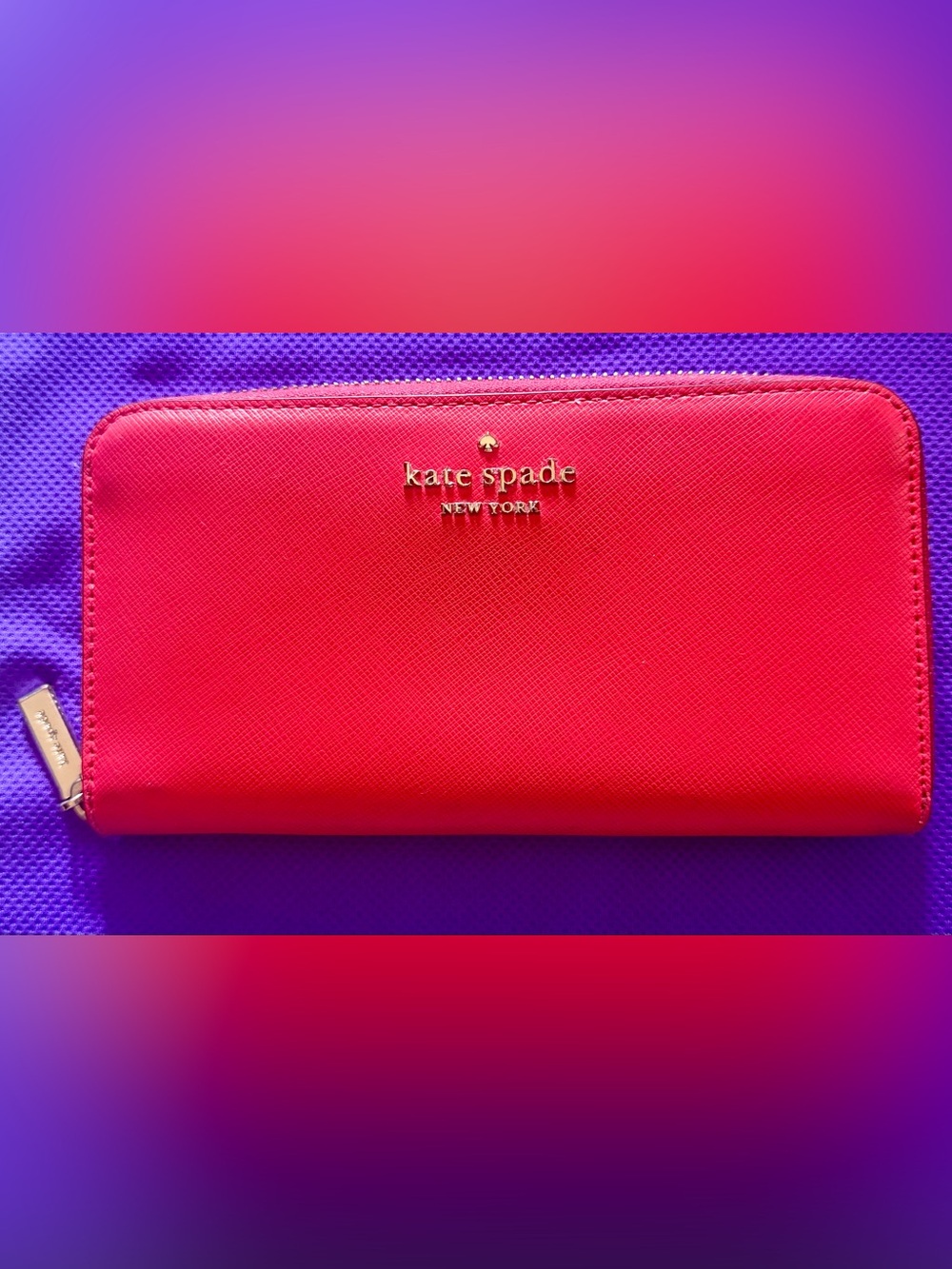 kate spade bright red Saffiano zip wallet with gold logo